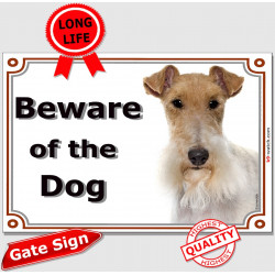 Fox-Terrier head, Gate Sign Beware of the Dog plaque placard panel photo notice