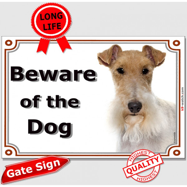 Fox-Terrier head, Gate Sign Beware of the Dog plaque placard panel photo notice