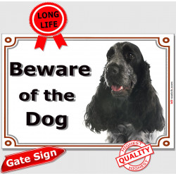blue roan English Cocker Spaniel, Gate Sign Beware of the Dog plaque placard panel photo notice