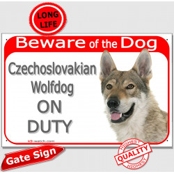 Portal Sign red "Beware of the Dog, Czechoslovakian Wolfdog on duty" gate plate panel placard Vicak photo notice