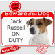 Red Portal Sign "Beware of the Dog, smooth white & fawn Jack Russell on duty" 24 cm gate plate notice, photo plaque