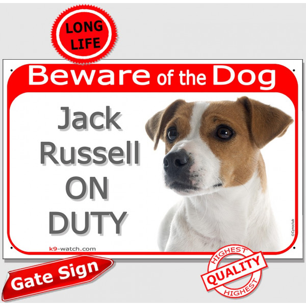 Red Portal Sign "Beware of the Dog, smooth white & fawn Jack Russell on duty" 24 cm gate plate notice, photo plaque