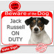 Red Portal Sign "Beware of the Dog, tricolor Jack Russell on duty" 24 cm gate plate notice, photo plaque