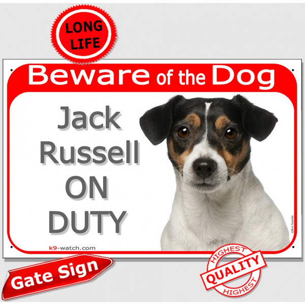 Red Portal Sign "Beware of the Dog, tricolor Jack Russell on duty" 24 cm gate plate notice, photo plaque
