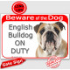 Portal Sign red 24 cm Beware of Dog, Fawn & White English Bulldog on duty, Gate plate british red photo