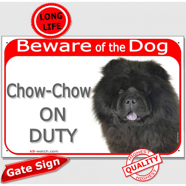 Red Portal Sign "Beware of the Dog, black Chow-Chow on duty" 24 cm, gate plate photo notice