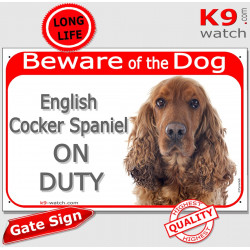 red Portal Sign "Beware of the Dog, red English Cocker Spaniel on duty" gate plate placard panel photo notice