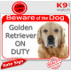 Red portal Sign"Beware of Dog, Golden Retriever on duty" gate plate photo notice