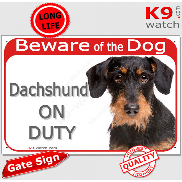 Red Portal Sign "Beware of Dog, wirehaired Dachshund on duty" Gate plate Black & Tan Dackel Teckel Doxie Weenie photo notice