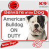 Red Portal Sign "Beware of Dog, black and White American Bulldog on duty" portal placard door plate panel photo notice