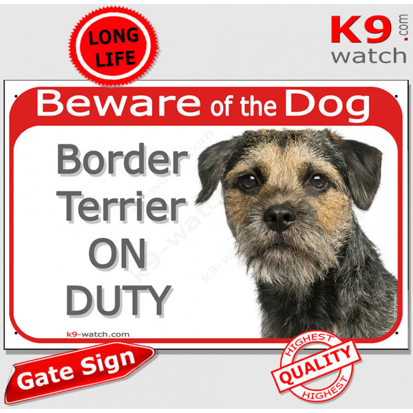 Red Portal Sign "Beware of the Dog, Border Terrier on duty" gate plate, door placard panel photo notice