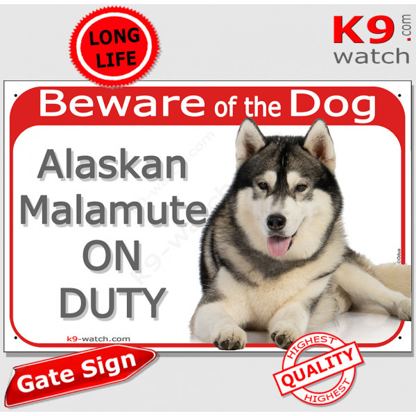 Red Portal Sign "Beware of the Dog, Alaskan Malamute on duty" Gate plate photo notice Door plaque lying