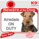 Red Portal Sign "Beware of the Dog, Airedale Terrier on duty" Gate photo sign notice, Door panel cautious warning