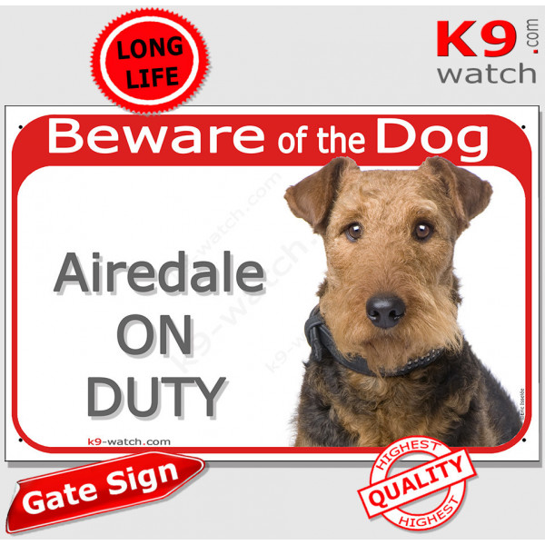 Red Portal Sign "Beware of the Dog, Airedale Terrier on duty" Gate photo sign notice, Door panel cautious warning