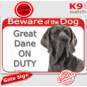 Red Portal Sign "Beware of the Dog, grey blue Great Dane on duty" 24 cm, gate plate notice dog photo