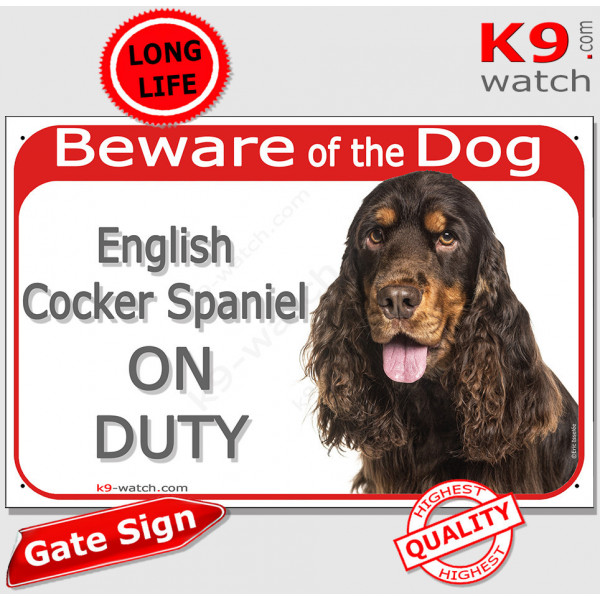 Liver brown and Tan Portal Sign "Beware of the Dog, red English Cocker Spaniel on duty" gate plate placard panel photo notice