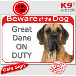 Red Portal Sign "Beware of the Dog, brown fawn Great Dane on duty" 24 cm, gate plate notice dog photo
