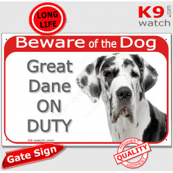 Red Portal Sign "Beware of the Dog, white and black Harlequin Great Dane on duty" 24 cm, gate plate notice dog photo