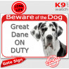 Red Portal Sign "Beware of the Dog, white and black Harlequin Great Dane on duty" 24 cm, gate plate notice dog photo