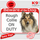 Red Portal Sign "Beware of the Dog, Rough Collie on duty" Gate plate english Scottish Lassie dog photo notice