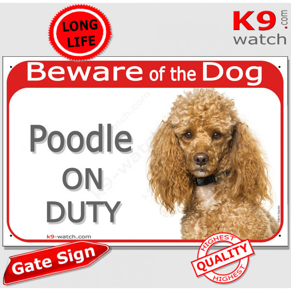 Red Portal Sign "Beware of the Dog, Apricot Poodle on duty" gate plate placard photo notice plaque