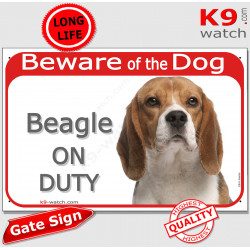Red portal Sign "Beware of the Dog, Beagle on duty" portal placard, Door plate, gate panel photo notice