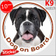 Dark black brindle German Boxer, car circle sticker "Dog on board" decal adhesive car label photo notice
