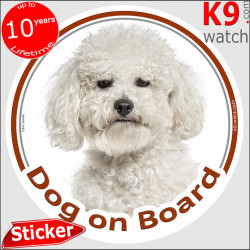 Curly Bichon Frise Tenerife, car circle sticker "Dog on board" 14 cm decal label photo notice