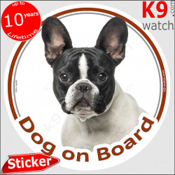Brindle pied French Bulldog, circle sticker "Dog on board" decal adhesive car label Frenchie photo notice black and white