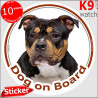 black and tan American Bully, circle sticker "Dog on board" decal label adhesive photo notice