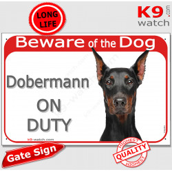 Red Portal Sign "Beware of the Dog, Dobermann on duty" gate plate placard panel Doberman black tan ears cropped