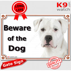 Dogo Argentino head, portal Sign "Beware of the Dog" door plate, portal placard, gate panel photo notice