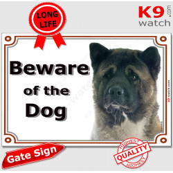 Fawn Brindle American Akita head, portal Sign "Beware of the Dog", door plate, portal placard, gate panel photo notice