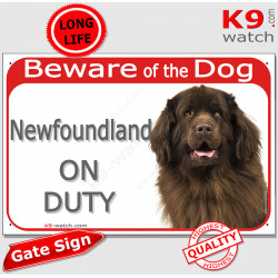 Red Portal Sign "Beware of the Dog, brown chocolate Newfoundland on duty" Plate photo notice newf Gate panel