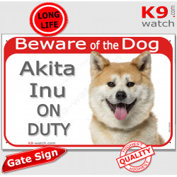 Red Portal Sign red "Beware of Dog, Fawn orange Japanese Akita Inu on duty" Gate plate photo notice, Door plaque