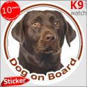 Chocolate Labrador, car circle sticker "Dog on board" 14 cm