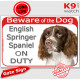 Red Portal Sign "Beware of the Dog, brown English Springer Spaniel on duty" portal photo plaque notice, gate door placard sign
