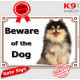 black and tan Pomeranian, portal Sign "Beware of the Dog" photo notice, gate placard pom