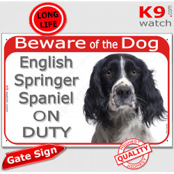 Red Portal Sign "Beware of the Dog, black English Springer Spaniel on duty" portal photo plaque notice, gate door placard sign