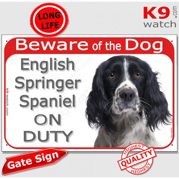 Red Portal Sign "Beware of the Dog, black English Springer Spaniel on duty" portal photo plaque notice, gate door placard sign