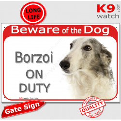 Red Portal Sign "Beware of the Dog, Borzoi on duty" Russian Hunting Sighthound Wolfhound photo notice, gate plaque plate placard