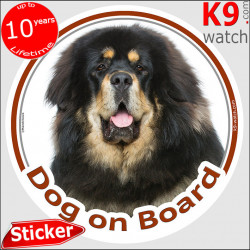 Black and Tan Tibetan Mastiff, car circle sticker "Dog on board" photo notice decal label