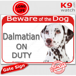 Red Portal Sign "Beware of the Dog, brown chocolate Dalmatian on duty" gate plate placard spotted carriage coach photo notice
