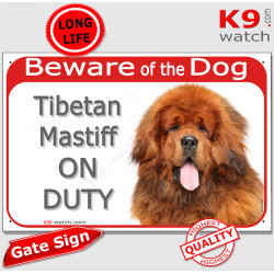 Red Portal Sign "Beware of the Dog, fawn red solid Tibetan Mastiff on duty" photo gate notice, plaque placard