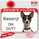 Red Portal Sign "Beware of the Dog, Tricolour Basenji on duty" Gate photo notice, Door plaque plate