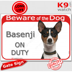 Red Portal Sign "Beware of the Dog, Tricolour Basenji on duty" Gate photo notice, Door plaque plate