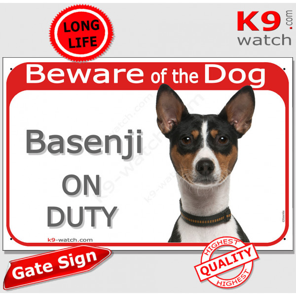 Red Portal Sign "Beware of the Dog, Tricolour Basenji on duty" Gate photo notice, Door plaque plate