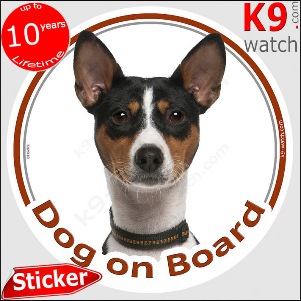 tricolor Basenji, car circle sticker "Dog on board" decal photo label, adhesive notice