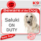 Red Portal Sign "Beware of the Dog, white Persan Saluki Greyhound on duty" Gate photo notice, door plaque plate panel