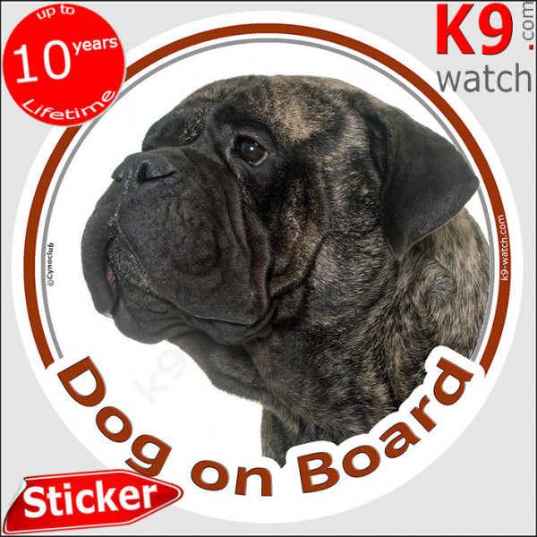 brindle Bullmastiff, circle sticker "Dog on board" decal adhesive car label photo notice